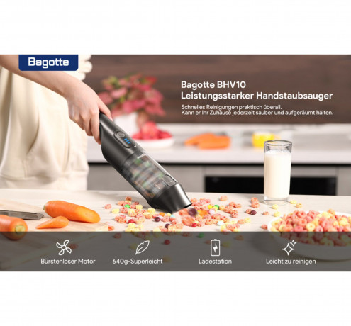 Bagotte Bagotte Akku-Handstaubsauger BHV10 Leistungsstarker und tragbarer kabelloser Handstaubsauger, 90,00 W, Beutellos, 12 kPa, 2600 mAh, Arbeitszeit: 35 Minuten, Trockensaugung, tragbar Беспроводной ручной пылесос Bagotte BHV10 Мощный и портативный бе
