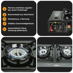ZMC ZMC Gaskocher Doppel Kartuschenkocher Gaskocher 2 Flammig + 4x Gaskartuschen 227g, (mit automatische Piezo-Zundung Warmeleistung: 2,3KW), Outdoor Gas Campingkocher 2Fach Gasherd Ofen Butan Kochfeld Gas Kocher  Газовая плита ZMC с двойным картриджем, г