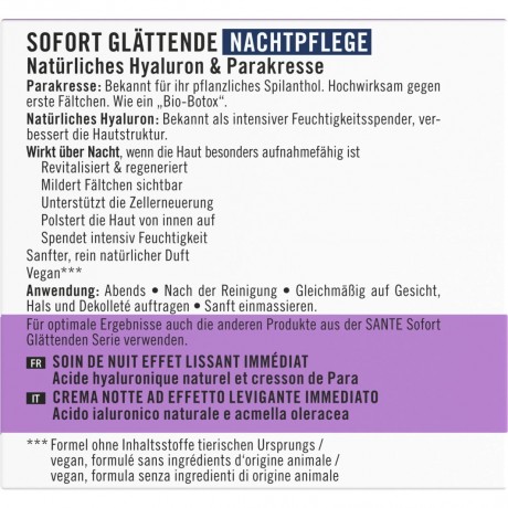 Sante Sofort glattende Nachtpflege naturliches Hyaluron & Parakresse  Мгновенно разглаживающий ночной уход с натуральной гиалуроновой кислотой и паракрессом