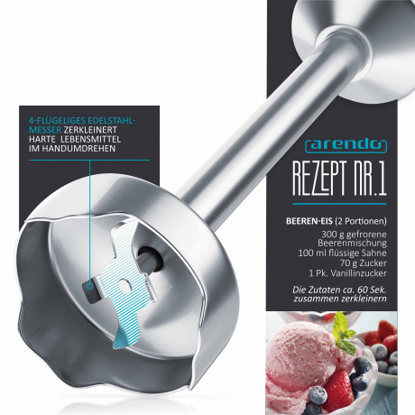 Arendo Arendo Stabmixer, 1000 W, Edelstahl Purierstab mit Messbecher, Handmixer, stufenlose Regelung, Arendo Stabmixer mit starkem 1000 Watt Motor inkl. Messbeser  Ручной блендер Arendo, 1000 Вт, очищающий стержень из нержавеющей стали с мерным стаканом, 