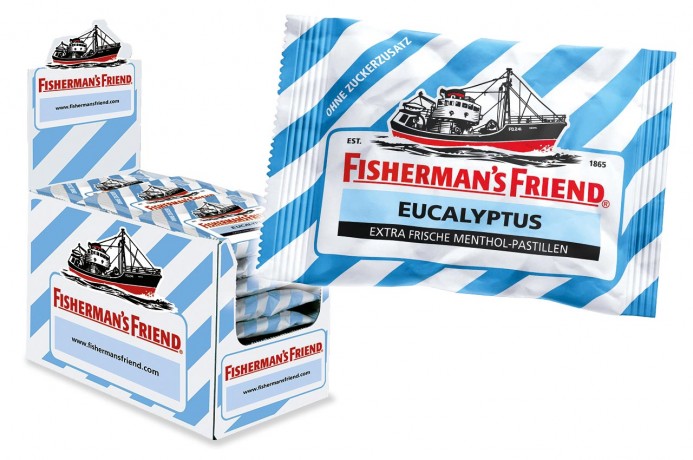 Fisherman's Friend Eucalyptus ohne zucker 24x25g, Фишерманс Френд, пастилки с эвкалиптом, без сахара, коробка 24 шт x 25 г