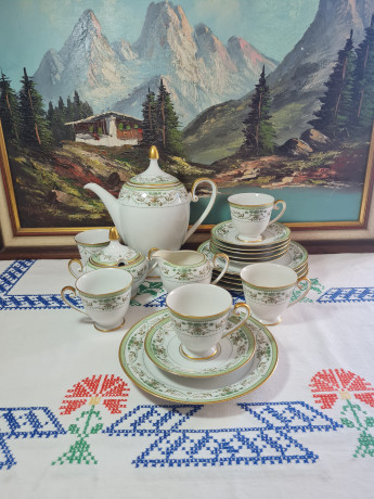 Сервиз чайный винтажный Tirschenreuther / Hutschenreuther Gruppe на 5 персон с зеленым узором, фарфор, Германия, 1960-70гг.