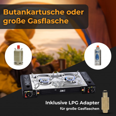 ZMC ZMC Gaskocher Doppel Kartuschenkocher Gaskocher 2 Flammig + 4x Gaskartuschen 227g, (MSF-1a automatische Piezo-Zundung (elektrisch) Herd Butangas), Outdoor Gas Campingkocher 2Fach Gasherd Ofen Butan Kochfeld Gas Kocher Газовая плита ZMC с двойной карт