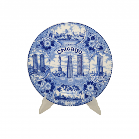 Декоративная тарелка винтажная Fine Staffordshire Ware с изображениями г. Чикаго в бело-синих тонах, 25,5 x 2,5 см, Англия, 1960-70гг.