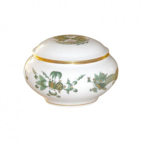 Meissen Meissen  'Neuer Ausschnitt - Reicher Drache grun goldschattiert mit Goldrand' Dose h: 5,5 cm / d: 8 cm Мейсен "New Cutout - Rich Dragon зелено-золотой оттенок с золотым ободком" шкатулка В: 5,5 см / Г: 8 см