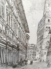 Картина винтажная Firenze &quot;Галерея Уффици&quot; / худ. Dosso, графика, в деревянной раме, 37,5 х 27,5 см, Италия, 1960-70гг.