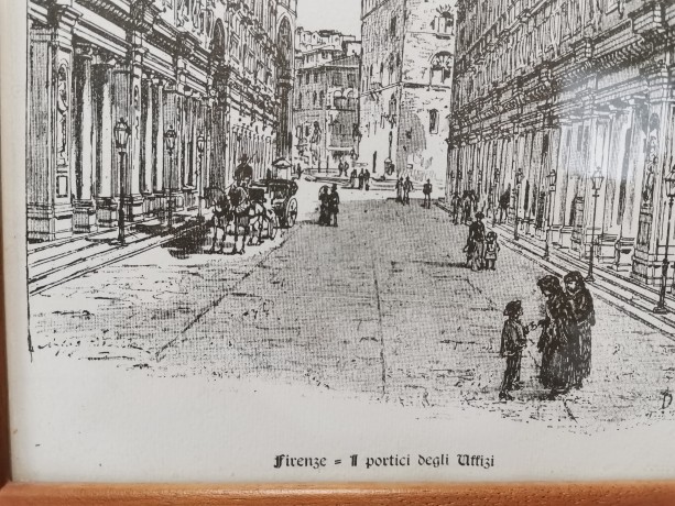 Картина винтажная Firenze "Галерея Уффици" / худ. Dosso, графика, в деревянной раме, 37,5 х 27,5 см, Италия, 1960-70гг.
