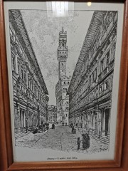 Картина винтажная Firenze &quot;Галерея Уффици&quot; / худ. Dosso, графика, в деревянной раме, 37,5 х 27,5 см, Италия, 1960-70гг.