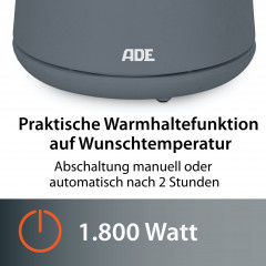 ADE ADE Wasserkocher Energiesparender Wasserkocher mit Temperatureinstellung  LED-Display, 1.5 l, 1800 W, 5 wahlbare Temperaturstufen (40-100°C), Warmhalte-Funktion, 1800 W grau Чайник ADE Энергосберегающий чайник с регулировкой температуры, светодиодный 