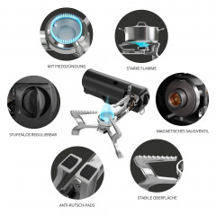 EVOCAMP EVOCAMP Gaskocher faltbar, kompatibel mit 227g Gaskartuschen, inkl. Tragetasche  Складная газовая плита EVOCAMP, совместимая с газовыми баллончиками 227 г, включая сумку для переноски.