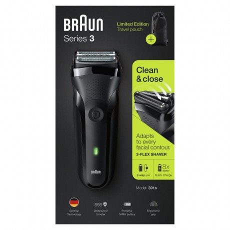 Braun Elektrischer Rasierer fur Manner quot;Series 3 301quot; in Schwarz + Reisebeutel  Электробритва для мужчин &quot;Серия 3 301&quot; в черном + дорожная сумка