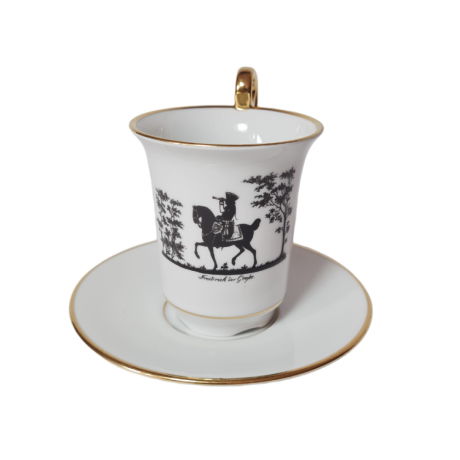 Volkstedt Thuringer Кофейная чашка с блюдцем "Фридрих Великий", белый фарфор с чёрным рисунком ручной работы, 10,5см x 10см, Германия, 1960-70гг.
