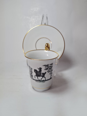 Volkstedt Thuringer Кофейная чашка с блюдцем "Фридрих Великий", белый фарфор с чёрным рисунком ручной работы, 10,5см x 10см, Германия, 1960-70гг.