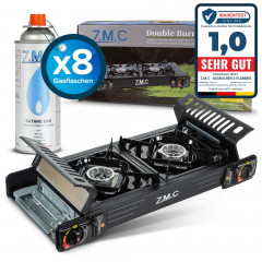 ZMC ZMC Gaskocher PREMIUM 2 Flammig Campingkocher Outdoor Gaskocher + 8x Gaskartuschen, (Doppel Kartuschenkocher Gasherd Kochfeld mit Piezozundung Warmeleistung: 2,0KW), Butan Gas 227g Gaskocher Outdoor Camping Gas Kocher Herd Butangas  Газовая плита ZMC 