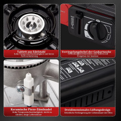 HOMELUX HOMELUX Gaskocher Campingkocher Grillplatte mit Piezozundung + 4 x Gaskartuschen, (Grillplatte Tischgrill Transportkoffer Gasbrenner Gasgrill, 5-St., Campingkocher Outdoor Camping Gas Kocher Herd)  Газовая плита HOMELUX Кемпинговая плита-гриль с п