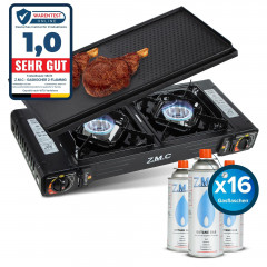 ZMC ZMC Gaskocher PREMIUM 2 flammig Campingkocher Gaskocher Grillplatte+16x Gaskartusche, (Grill Platte Tischgrill Doppel Gasbrenner Gasgrill Kochfeld mit Piezozundung Warmeleistung: 2,0KW), Butan Gas 227g Gaskocher Outdoor Camping Gas Kocher Herd Butanga