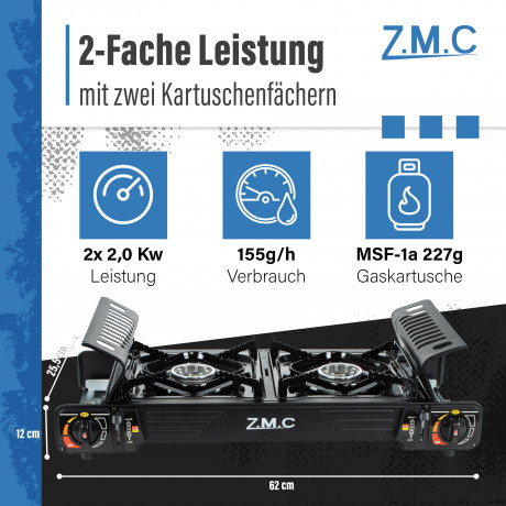 ZMC ZMC Gaskocher PREMIUM 2 flammig Campingkocher Gaskocher Grillplatte+16x Gaskartusche, (Grill Platte Tischgrill Doppel Gasbrenner Gasgrill Kochfeld mit Piezozundung Warmeleistung: 2,0KW), Butan Gas 227g Gaskocher Outdoor Camping Gas Kocher Herd Butanga