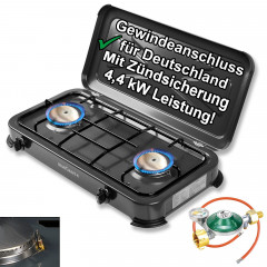 BlueCraft BlueCraft Gaskocher, (Gas-Kochfeld 2 flammen Propangas mit Schlauch Druckminderer Manometer), Campingkocher 2-flammig mit Zundsicherung Gasregler Manometer  Газовая плита BlueCraft (газовая плита, 2 пламени, пропан, шланг, редуктор давления, ман