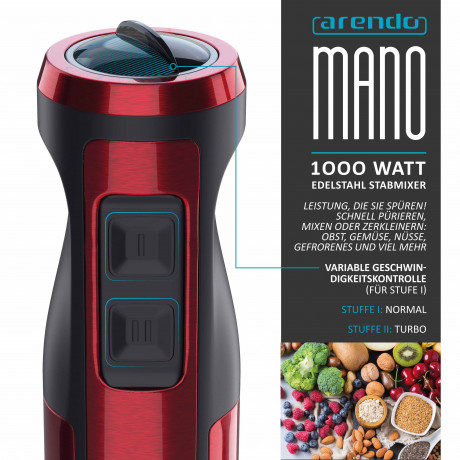 Arendo Arendo Stabmixer, 1000 W, Edelstahl Purierstab in rot Handmixer mit stufenloser Regelung Ручной блендер Arendo, 1000 Вт, очищающий стержень из нержавеющей стали красного цвета ручной миксер с бесступенчатым управлением