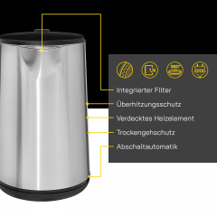 Gutfels Gutfels Wasserkocher WATER 3020, 1.5 l, 2200 W, Doppelwandiges Edelstahl, integrierter Filter, 360° Sockel  Чайник Gutfels WATER 3020, 1,5 л, 2200 Вт, нержавеющая сталь с двойными стенками, встроенный фильтр, основание на 360°