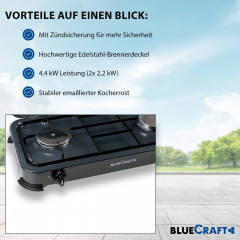 BlueCraft BlueCraft Gaskocher, (Gas-Kochfeld 2 flammen propangas), Campingkocher 2-flammig mit Zundsicherung  Газовая плита BlueCraft, (газовая плита, 2 пламени, пропан), походная плита, 2 пламени, с запальным предохранителем