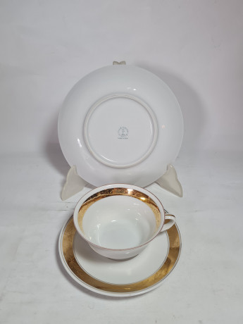 Чайное трио винтажное Lichte с золотистым декором, костяной фарфор, ГДР, 1960-70гг.
