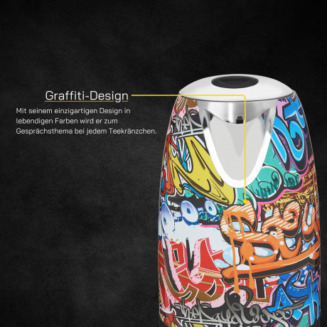 Gutfels Gutfels Wasserkocher WATER 3010 G, 2200 W, Graffiti-Style, 1,7 Liter, 2200 Watt, 360 Grad Sockel  Чайник Gutfels WATER 3010 G, 2200 Вт, стиль граффити, 1,7 литра, 2200 Вт, основание 360 градусов