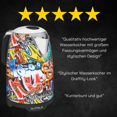 Gutfels Gutfels Wasserkocher WATER 3010 G, 2200 W, Graffiti-Style, 1,7 Liter, 2200 Watt, 360 Grad Sockel  Чайник Gutfels WATER 3010 G, 2200 Вт, стиль граффити, 1,7 литра, 2200 Вт, основание 360 градусов