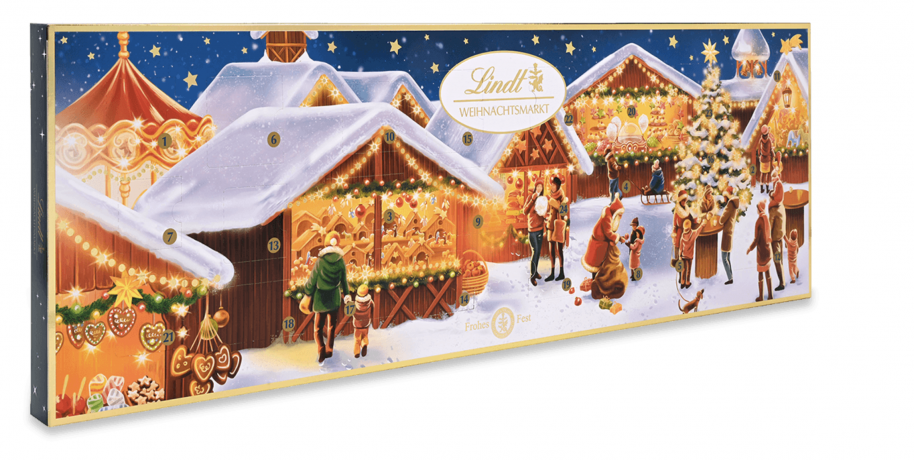 Lindt 2024 Adventskalender 250g, Адвент-календарь большой "Рождественская ярмарка", 24 сладких сюрприза, 75см х 25см, 250 грамм