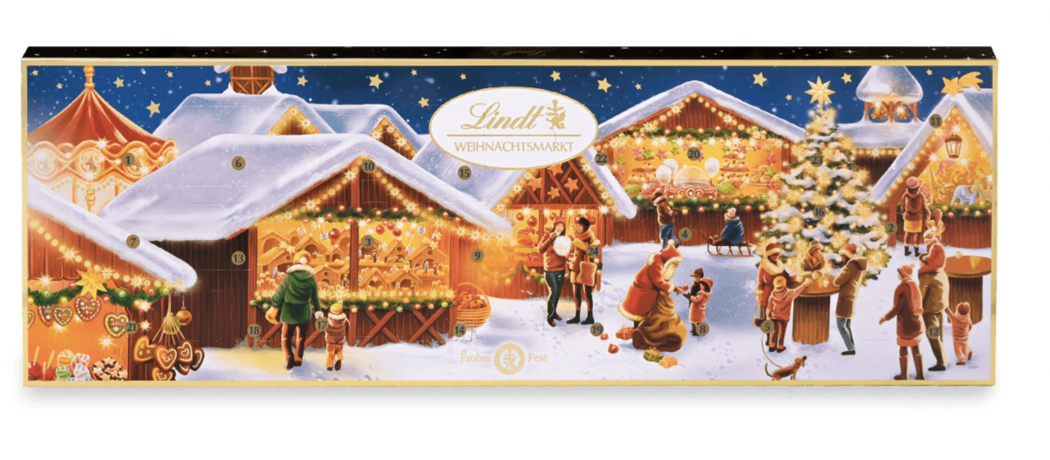 Lindt 2024 Adventskalender 250g, Адвент-календарь большой "Рождественская ярмарка", 24 сладких сюрприза, 75см х 25см, 250 грамм