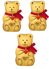 Lindt Teddy 3stk x 100g, Мишки Линдт из молочного шоколада, 12см, с красным бантом и красным сердцем, 3шт х 100г, 300г.