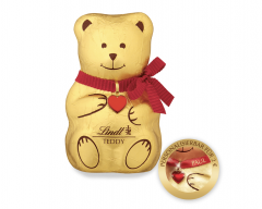 Lindt Teddy 3stk x 100g, Мишки Линдт из молочного шоколада, 12см, с красным бантом и красным сердцем, 3шт х 100г, 300г.