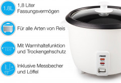 PRINCESS PRINCESS Reiskocher 271940, 700 W, 1,8 Liter, fur bis zu 10 Portionen, automatischer Warmhaltefunktion  Рисоварка PRINCESS 271940, 700 Вт, 1,8 л, до 10 порций, функция автоматического поддержания тепла