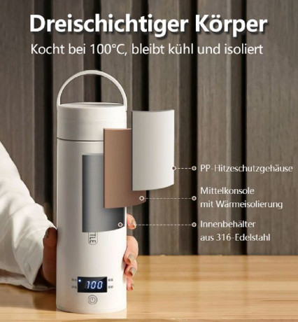BUMHUM BUMHUM Reise-Wasserkocher Reise-Wasserkocher 300W Reise-Elektrisch-Wasserkocher, 500 ml Tragbarer Mini-Heizbecher, Thermobecher 316 Edelstahl-Liner  Дорожный чайник BUMHUM Дорожный чайник, 300 Вт, дорожный электрический чайник, портативная мини-чаш