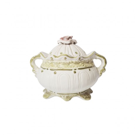 BASSANO Керамическая ваза для сладостей на ножках с рельефным рисунком и с крышкой "Роза", 16см х 22см, Италия, 1960-70гг.