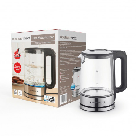 GOURMETmaxx GOURMETmaxx Wasserkocher Glas LED-Beleuchtung 1,7L Antikalkfilter, 1.7 l, 2200,00 W, automatischer Abschalter  Чайник GOURMETmaxx стеклянный со светодиодной подсветкой, фильтр от накипи 1,7 л, 1,7 л, 2200,00 Вт, автоматическое отклчение
