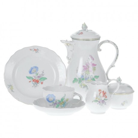 Meissen Meissen 'Neuer Ausschnitt - Blume 3 mitte bunt mit Goldrand' Kaffeeservice 8 Personen 27-tlg. Meissen "New Cut - flower 3 центр разноцветный с золотой каймой" Кофейный сервиз на 8 персон 27 предм.