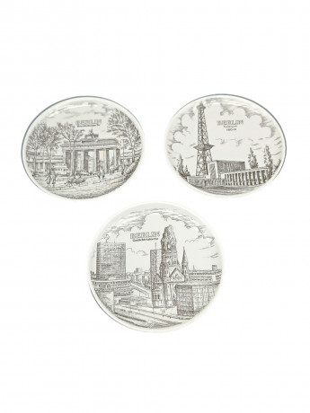 Тарелки декоративные винтажные L&H "Берлин", сувенирные, 3 шт., ч/б декор, фарфор, 10 см, Германия, 1970-80гг.