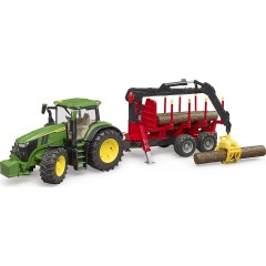 Bruder Traktor John Deere 7R350 mit Ruckeanhanger und vier Baumstammen Трактор John Deere 7R350 с прицепом и четырьмя бревнами