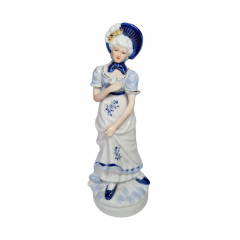 Статуэтка винтажная Eduscho &quot;Дама в белом платье и синей шляпке&quot;, фарфор, 21,5 x 7 см, Германия, 1960-70гг.