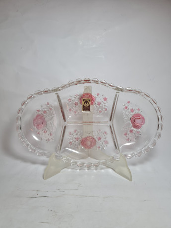 Блюдо винтажное Walther Glas, стекло, с розовыми цветами, 33,5 x 15 x 2 см, Германия, 1960-70гг.