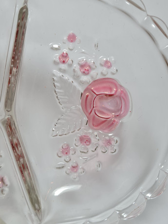 Блюдо винтажное Walther Glas, стекло, с розовыми цветами, 33,5 x 15 x 2 см, Германия, 1960-70гг.