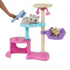Mattel Barbie-Puppe und Katzchen Kratzbaum Spielset mit Zubehor. Spielzeug fur Kinder ab 3 Jahren Набор для игры в когтеточку с куклой Барби и котенком и аксессуарами. Игрушки для детей от 3 лет
