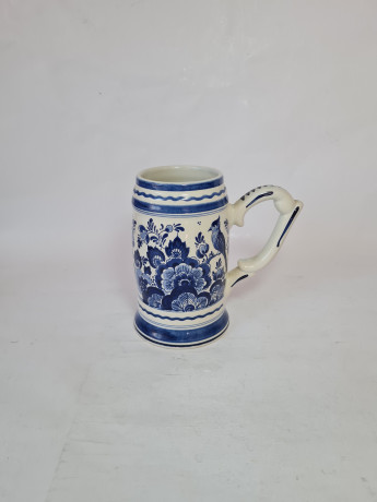 Кружка для пива винтажная Delft Blaue Holland, белый дельфтский фарфор с голубым цветочным декором, 16,5 x 6,5 см, Голландия, 1960-70гг.