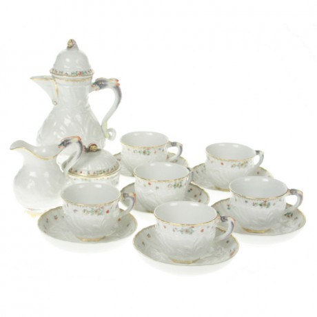 Meissen Meissen Schwanendessin - Indische Blumenzweige gestreute Blumchen Goldkante mit Goldrand Espressoservice 6 Personen 15-tlg. Мейсенский лебедь дизайн - ветки индийских цветов разбросаны цветы золотой край с золотым краем эспрессо сервиз 6 персон 15