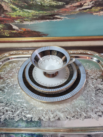 Чайное трио винтажное Edelstein Bavaria, в бело-голубых тонах с золотистым орнаментом, фарфор, Германия, 1960-70гг.