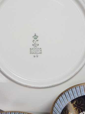 Чайное трио винтажное Edelstein Bavaria, в бело-голубых тонах с золотистым орнаментом, фарфор, Германия, 1960-70гг.