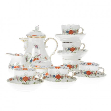 Meissen Meissen 'Neuer Ausschnitt - Indische Blumenmalerei zweiteilig bunt Kupferfarben mit Goldrand' Espressoservice 6 Personen 15-tlg. Мейсен "Новый вырез - индийская цветочная роспись из двух частей красочные цвета меди с золотым ободком" эспрессо сер