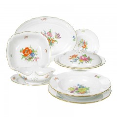 Meissen Meissen  'Neuer Ausschnitt - Bukett mitte bunt mit Goldrand' Tafelservice 6 Personen 22-tlg. Мейсен &quot;Новая огранка - букет посередине пестрый с золотой каймой&quot; Сервиз столовый на 6 персон, 22 штуки.