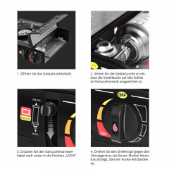 EVOCAMP EVOCAMP Gaskocher 1-flammig Piezozundung mit 4x 227g Gaskartuschen mit Tragekoffer 1-flammiger Gaskocher Газовая плита EVOCAMP, 1 пламя, пьезоподжиг, 4 газовых баллончика по 227 г, с футляром для переноски.